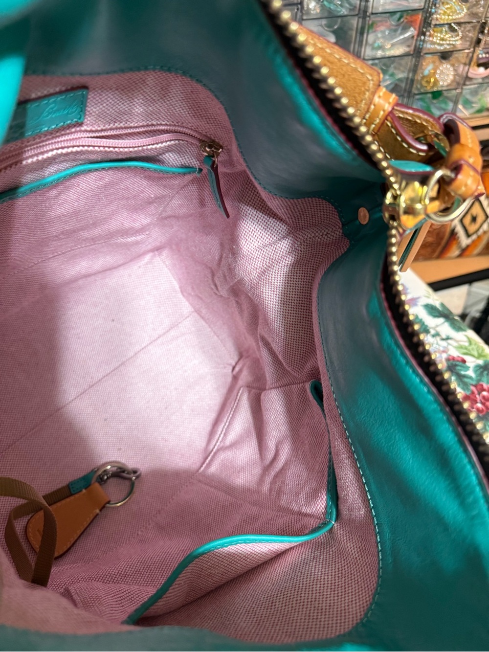 Dooney & Bourke McKenzie Teal Leather Hobo Shoulder Bag with Tan Trim - Picture 11 of 14